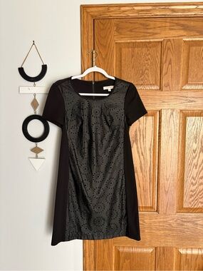 Ellen Tracy Black Faux Leather Laser-Cut Dress